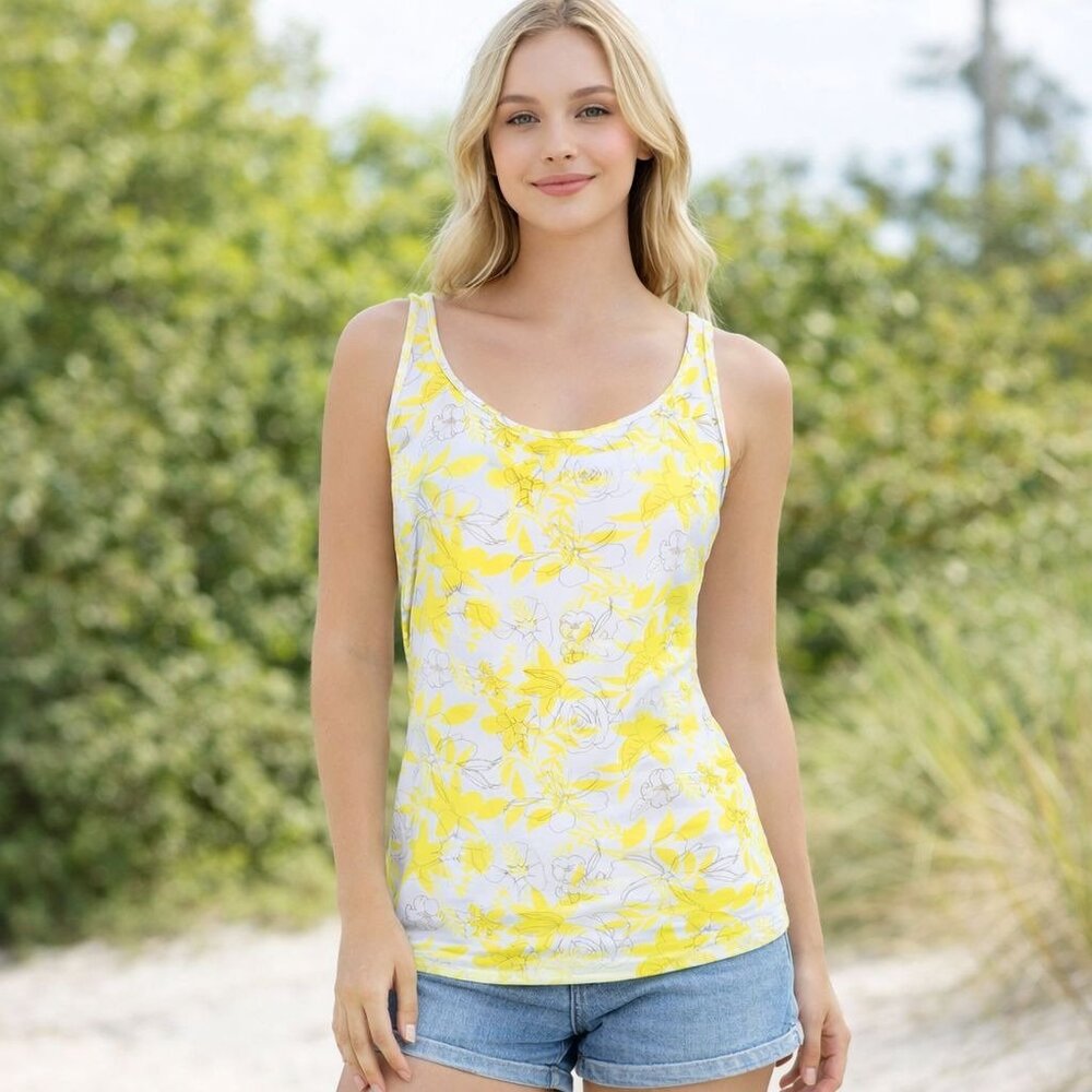 Duluth Shirt Tank Top Pullover Womens M Fitted Shirt Stretch Floral Yellow White